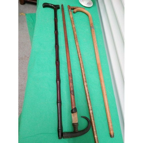 779 - 4 x Walking Sticks : 1 with Animal Horn and Skin, 1 with Silver Band