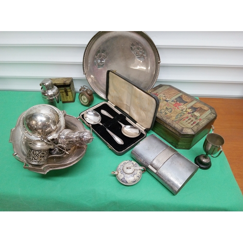 780 - Assorted Box of Metalware inc. Silver Plate Art Deco Cigarette Box and Much More