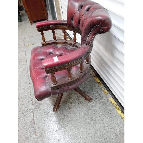 704 - Antique Red Leather Swivel Captains Chair