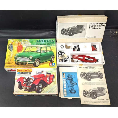 1454 - A Wills Finecast 1934 Morgan Supersports 3 Wheeler Model Kit with Matchbox Jaguar SS/100 and Morris ... 