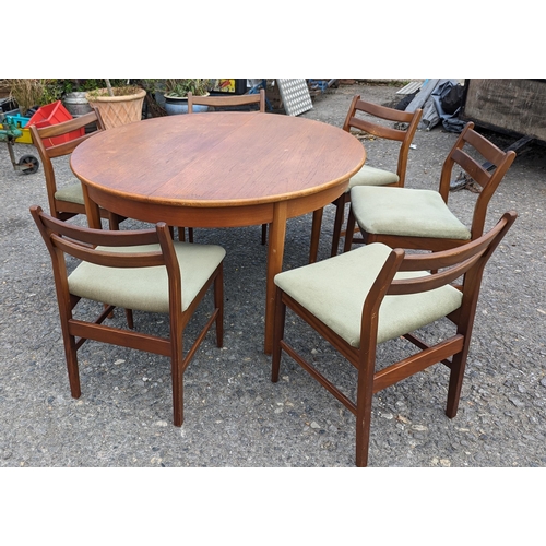 956 - Extending Round Dining - G Plan Table and 6 Upholstered Green Chairs.