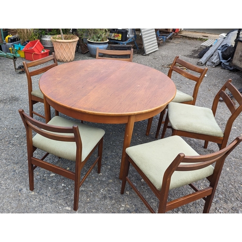 956 - Extending Round Dining - G Plan Table and 6 Upholstered Green Chairs.