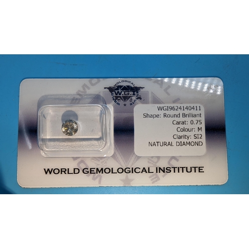 785 - Certificated loose round brilliant cut diamond, 0.75ct with original WGI Cert. no. WGI9624140411