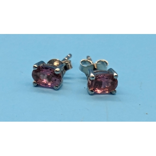 776 - Pair oval pink tourmaline studs in silver