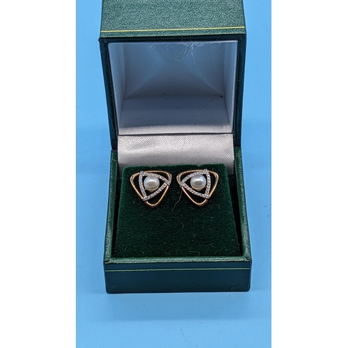 726 - Pair 9ct rose gold triangular shaped stud earrings set with pearls and diamonds.  Diamonds 0.20ct.  ... 