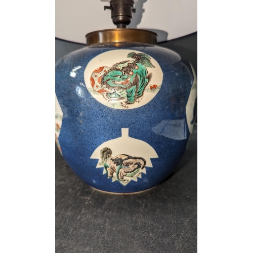 905 - A Chinese Jar with Foo Dog Decoration converted to an Electric Lamp.
Circle mark to base.