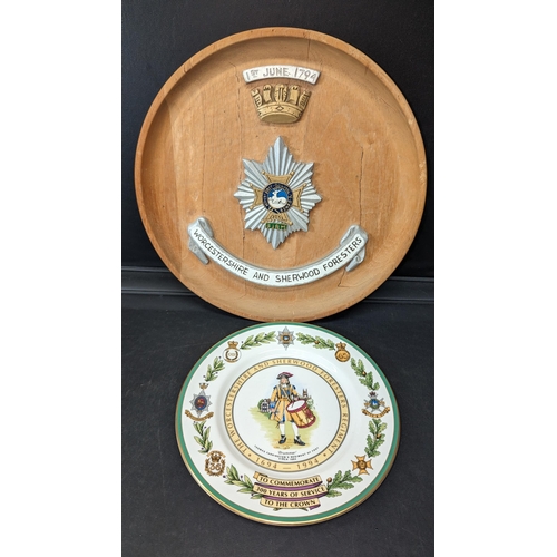 1603 - A Hand Carved Worcestershire and Sherwood Foresters Wall Plaque and Royal Worcester Plate.