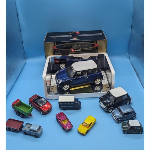 1457 - A Burago Die Cast 1:18 Scale Model Mini Cooper, Matchbox and other cars