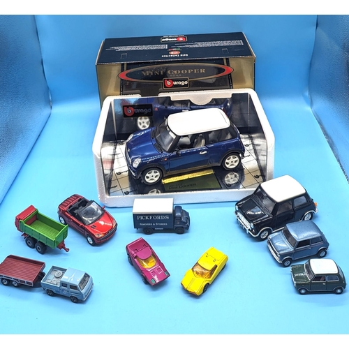 1457 - A Burago Die Cast 1:18 Scale Model Mini Cooper, Matchbox and other cars