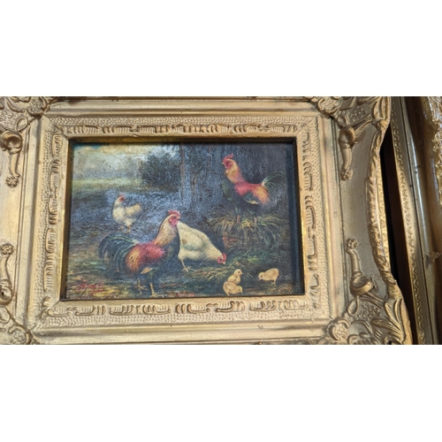 917 - 3 x Framed Pictures of Chickens ( Damage to 1 x Frame)