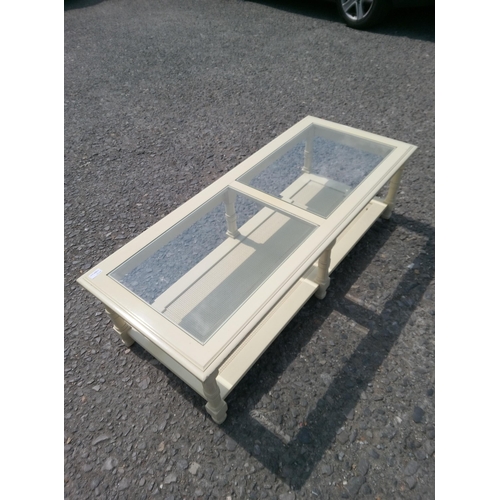 649 - Glass Topped Coffee Table with Rattan Shelf, 39 cm H x 130cm W x 55cm D.