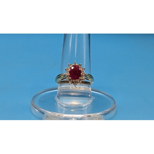 738 - 9ct Yellow Gold Ruby and Diamond Cluster Ring, Ovak Treated Ruby 0.92ct. Diamonds 0.06ct
Ring Size Q... 