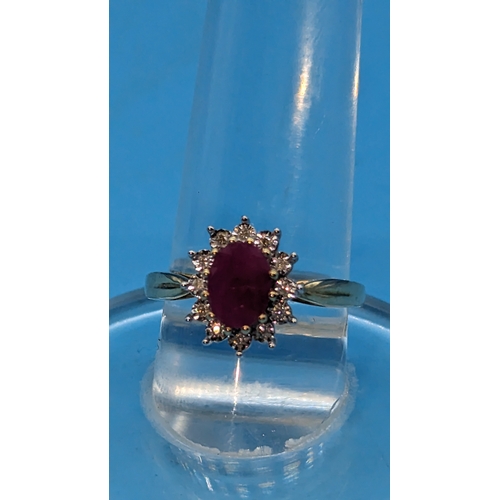 738 - 9ct Yellow Gold Ruby and Diamond Cluster Ring, Ovak Treated Ruby 0.92ct. Diamonds 0.06ct
Ring Size Q... 