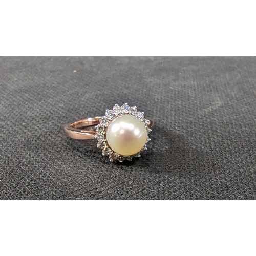 720 - 9ct Rose Gold Ring with Cultured Round Pearl and Halo of Royal Brilliant Cut Diamonds . Diamonds 0.3... 