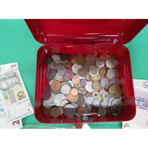 879 - Lockable Cash Tin with Mixed World Wide Notes and Coinage.