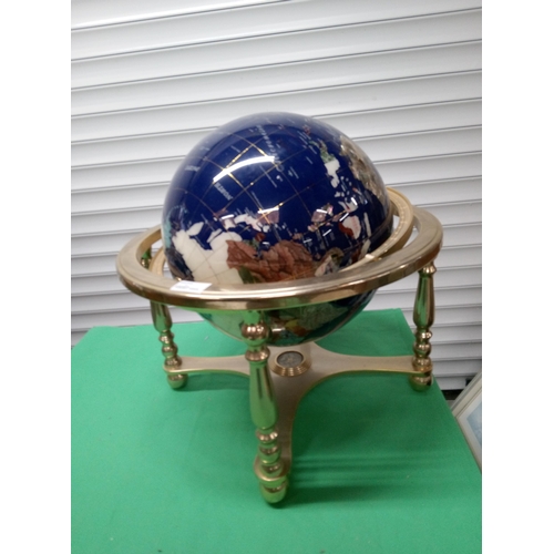 701 - Gem Stone Globe on Brass Stand with Compass in Base. 50cm x 45cm x 45cm.