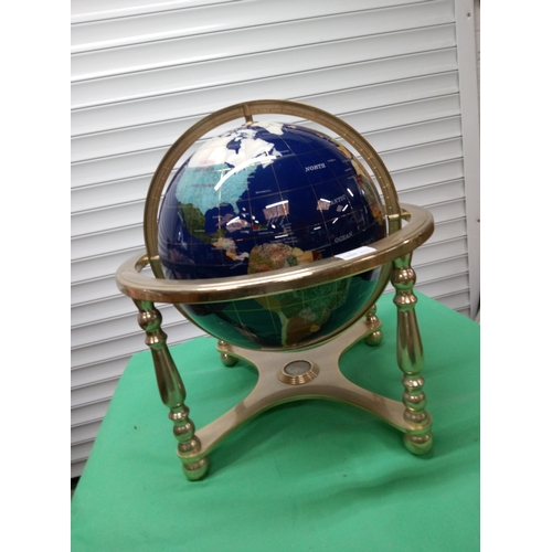 701 - Gem Stone Globe on Brass Stand with Compass in Base. 50cm x 45cm x 45cm.