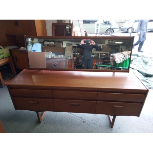 954 - Mid Century 6 drawer Dressing Table with Mirror. 114cm H x 156cm W x 48cm D.