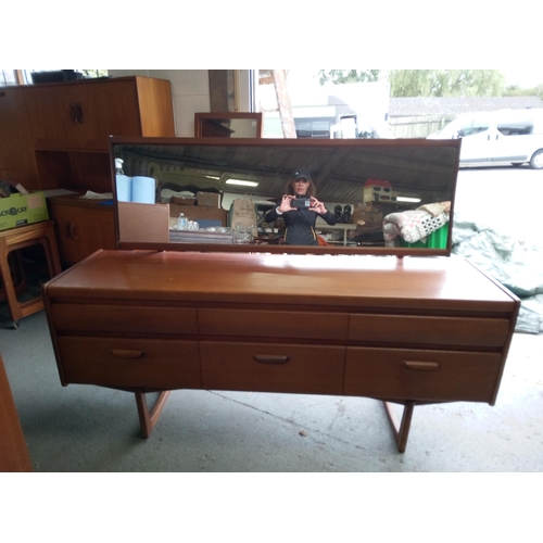 954 - Mid Century 6 drawer Dressing Table with Mirror. 114cm H x 156cm W x 48cm D.