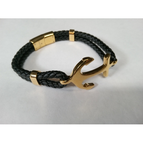 737 - Black Leather Effect Rope Bracelet with Gold Coloured Anchor