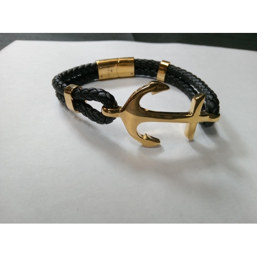 737 - Black Leather Effect Rope Bracelet with Gold Coloured Anchor