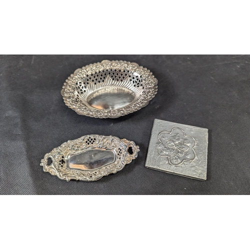 803 - 2 x Hallmarked Silver Repousse Dishes and a Floral White Metal Plaque