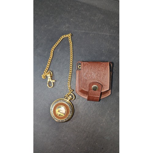 851C - American Eagle Themed Pocket Watch in Leather Case with Chain