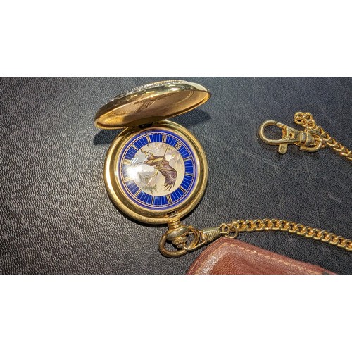 851C - American Eagle Themed Pocket Watch in Leather Case with Chain