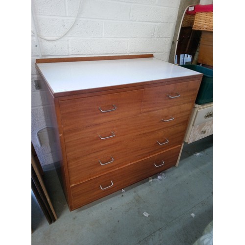 966 - Mid Century 2 Drawers over 3 Drawers Chest Of Drawers with Formica Top. 85cm H x 53cm W x 65 cm D.