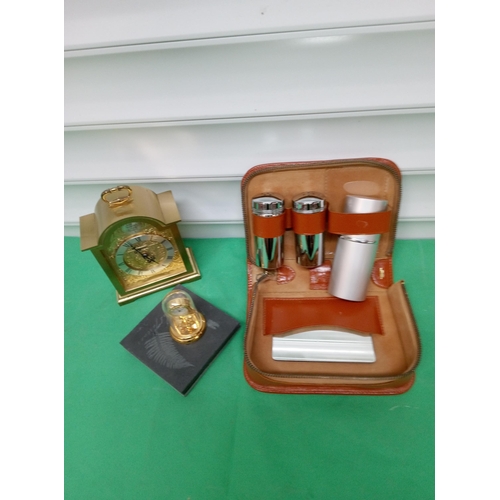 369 - Carriage Clock, Miniature Clock, Mens Travel Toiletry Set and Slate Coasters.