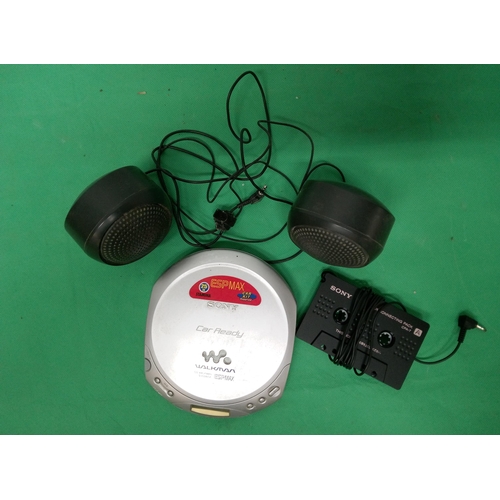 421 - Sony Disc Walkman Car Ready ESP Max with Portable Speakers and Car Charger and Tape Connector.