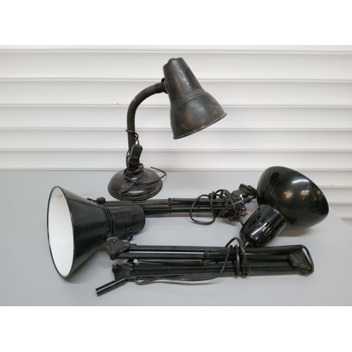 614 - 3 Anglepoise Lamps in Black. 1 complete lamp, 2 with no bases.