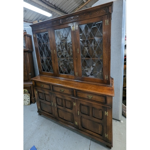 365 - Oak Buffet Side Board with Astragal Glazed Display Top. 
156cm W x 50cm D x 198cm H.

In 2 parts for... 