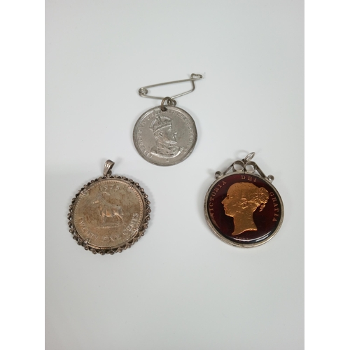 564 - An Enamelled Queen Victoria Penny in Silver Holder with South African Silver 25 Cent Coin and Corona... 