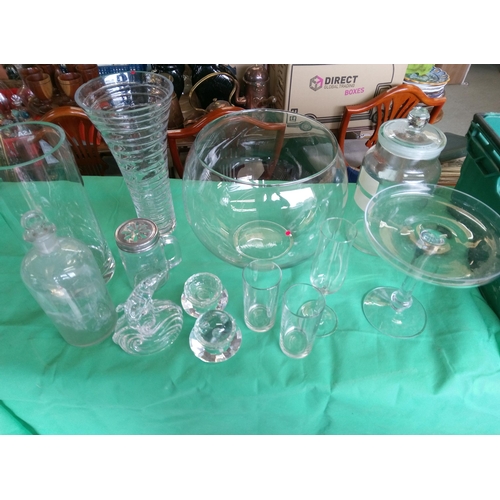 1245 - Crate of Mixed Glass including Vases, Paperweights, Storage Jars and More.