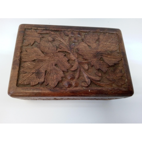 698 - A Carved Wooden Box with Assorted Badges and Cufflinks.