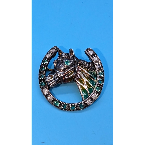 460 - Horseshoe/Horsehead Brooch, Set with Emeralds, Diamonds and Plique-a-Jour. Diamonds approx. 0.20ct. ... 