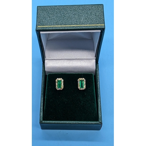 471 - Pair 18ct Yellow Gold Rectangular Emerald and Diamond Cluster Studs with 18ct Yellow Gold Rubber Bac... 