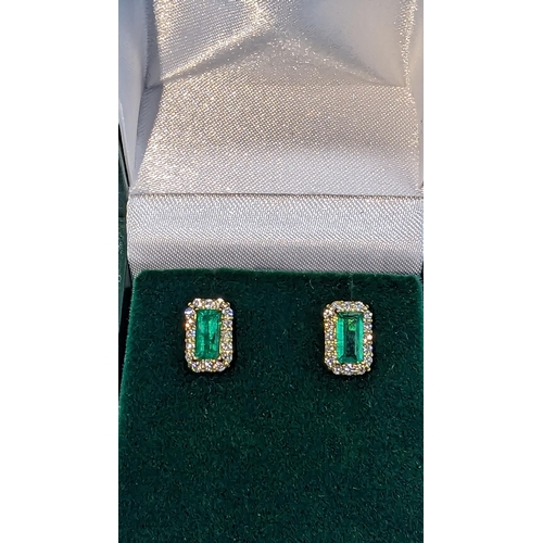 471 - Pair 18ct Yellow Gold Rectangular Emerald and Diamond Cluster Studs with 18ct Yellow Gold Rubber Bac... 