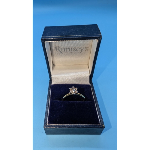 464 - 18ct yellow and white gold 6 claw round brilliant cut solitaire diamond ring.  Diamond 1.01ct.   Box... 