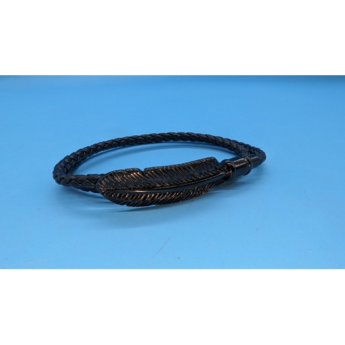 583 - Black metal effect feather wraparound bracelet, engraved 