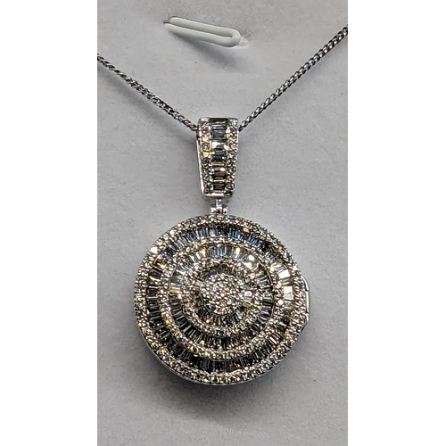 468 - Large round 9ct White Gold cluster locket/pendant sent with baguette and round brilliant cut diamond... 