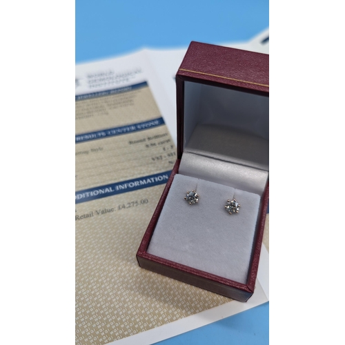 454 - Pair 18ct rose gold round brilliant cut diamond solitaire studs.  Boxed.  Diamonds 0.96ct.  Original... 