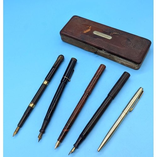 806 - 4 x Antique Fountain Pens including Swan, Lever, Ideal and Others plus a Gold Plated Parker Ballpoin... 