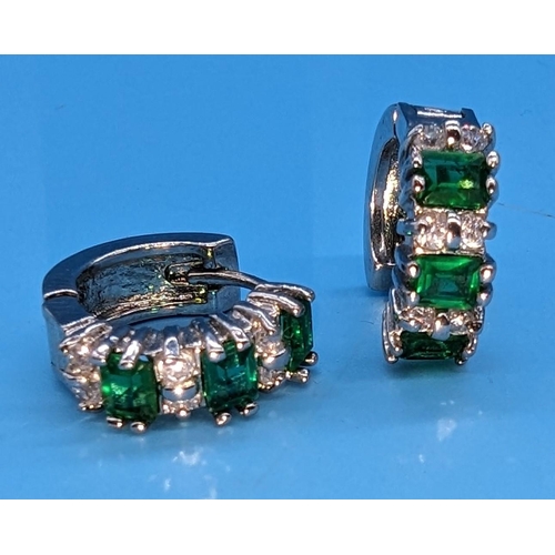 522 - A Pair of .925 Silver White and Green Stone Hinged Earrings.