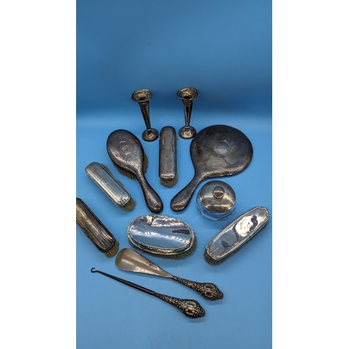 553 - A Collection Of Hallmarked Silver Vanity Brushes, Mirror, Button Hook, Shoe Horn etc.