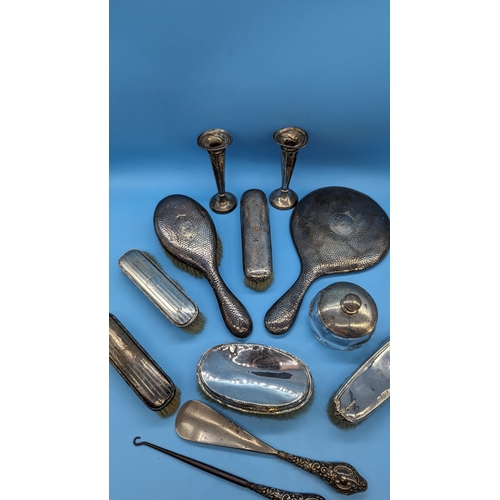 553 - A Collection Of Hallmarked Silver Vanity Brushes, Mirror, Button Hook, Shoe Horn etc.