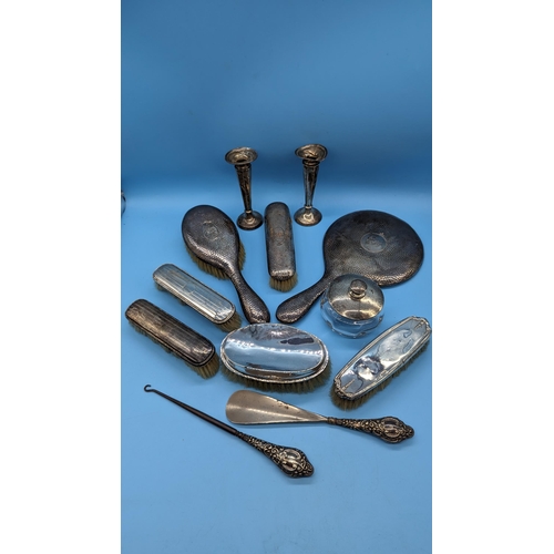 553 - A Collection Of Hallmarked Silver Vanity Brushes, Mirror, Button Hook, Shoe Horn etc.