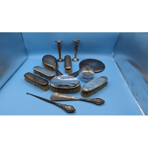 553 - A Collection Of Hallmarked Silver Vanity Brushes, Mirror, Button Hook, Shoe Horn etc.