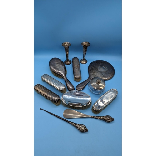 553 - A Collection Of Hallmarked Silver Vanity Brushes, Mirror, Button Hook, Shoe Horn etc.